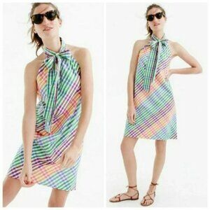 J.Crew Rainbow Gingham Tie Neck Halter Dress